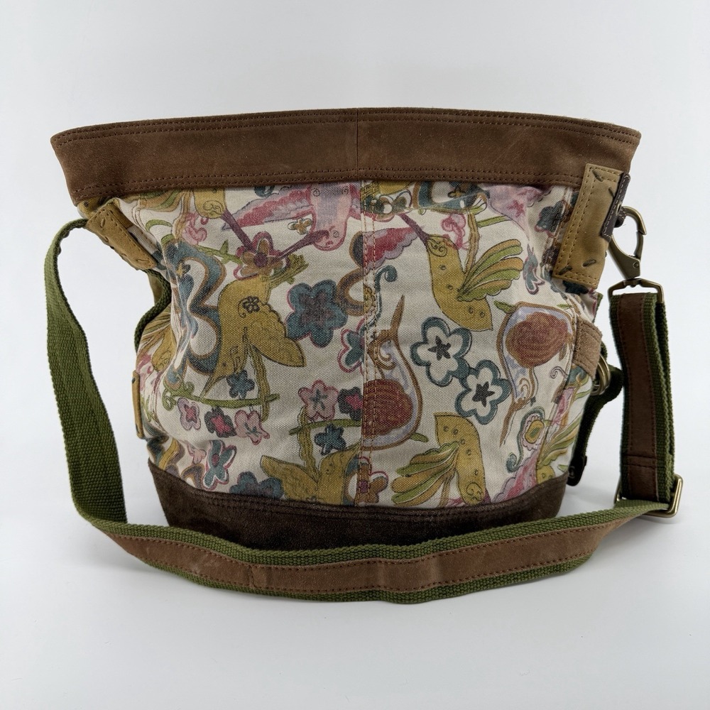 Lucky Brand Bucket Shoulder Bag Crossbody Canvas Suede Birds Floral Boho XL Y2K